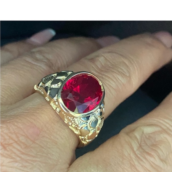 New Large 17mm Real 14k Yellow Gold Men's Nugget Ruby Ring - Picture 15 of 16